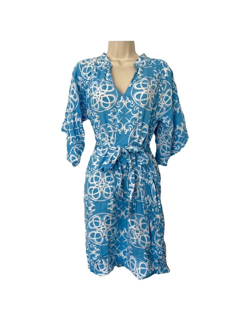 Escapada Jolie Dress Blue Love Belted V Neck 3/4 Sleeve Knee Length Size M